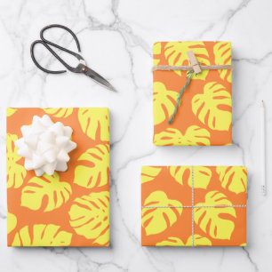 Monstera Leaf Plant Botanical in Yellow and Orange Wrapping Paper Sheet