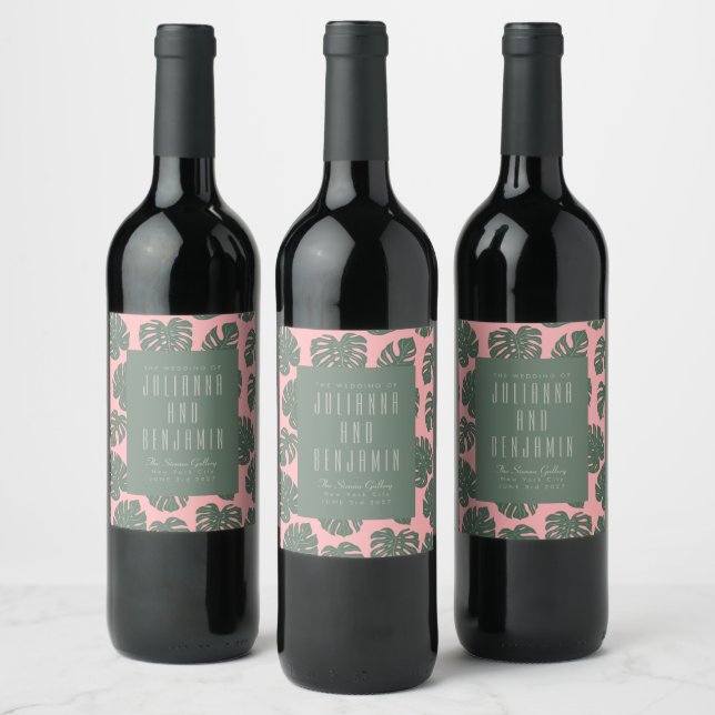 Monstera Leaf Plant Botanical Pink Green Wedding  Wine Label (Bottles)