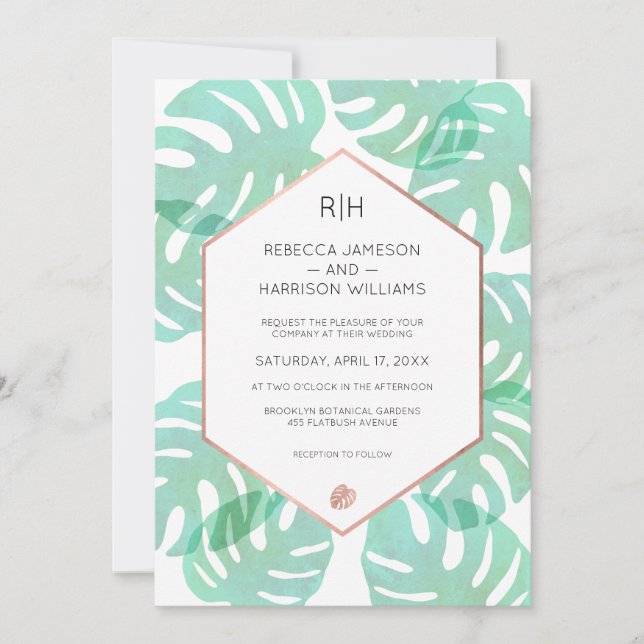 Monstera Leaf & Rose Gold Invitation (Front)