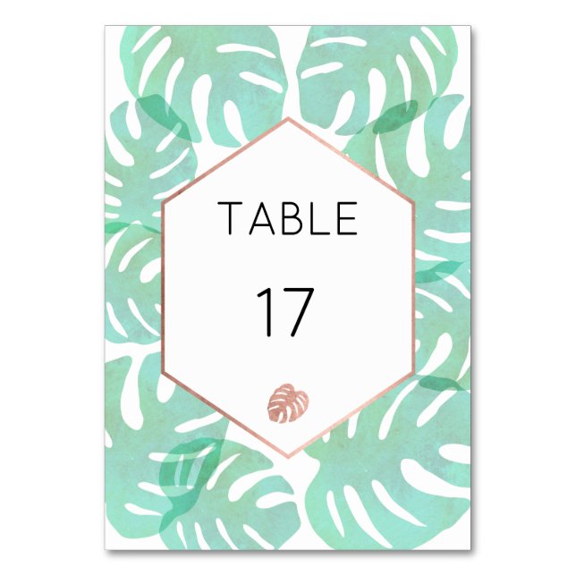 Monstera Leaf & Rose Gold Table Number (Front)