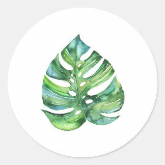 Monstera leaf sticker, watercolor tropical feel classic round sticker
