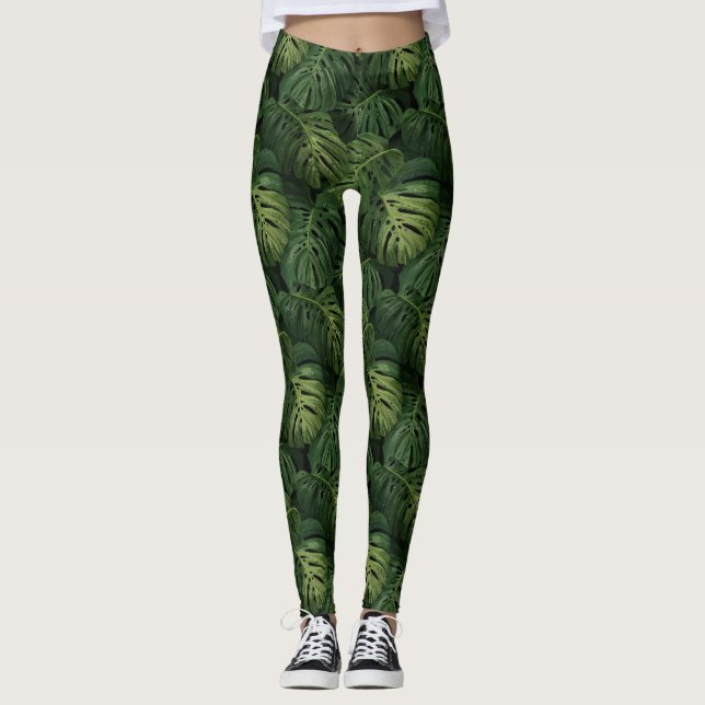 Monstera Leaf Tropical Pattern Leggings (Front)