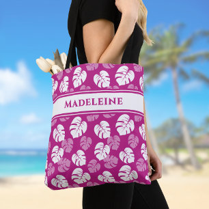 Monstera Leaf Tropical Pink White Magenta Monogram Tote Bag