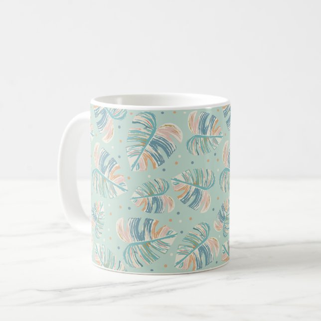 Monstera Leaf - Turquoise, Green, Coral, Mustard Coffee Mug (Front Left)