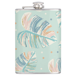 Monstera Leaf - Turquoise, Green, Coral, Mustard Hip Flask