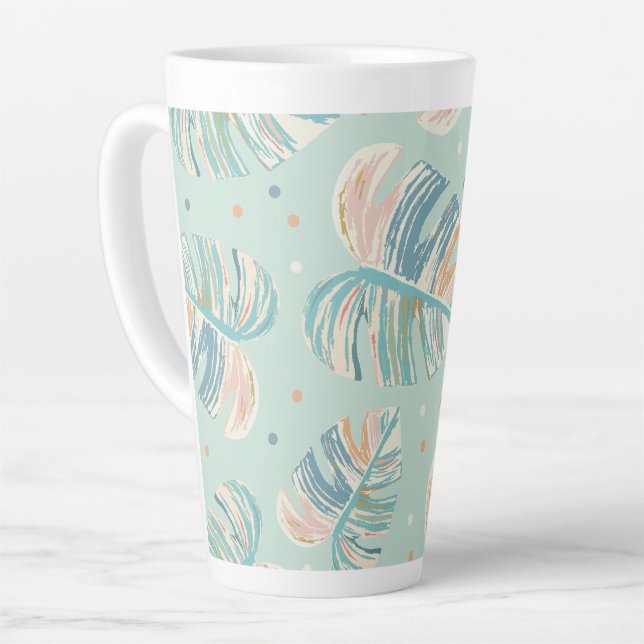 Monstera Leaf - Turquoise, Green, Coral, Mustard Latte Mug (Left Angle)