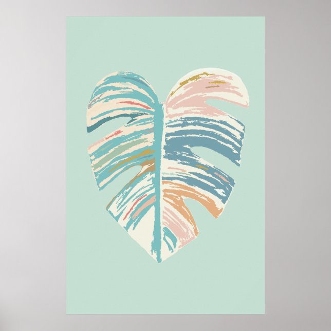Monstera Leaf - Turquoise, Green, Coral, Mustard Poster (Front)
