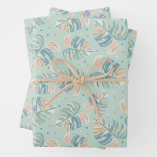Monstera Leaf - Turquoise, Green, Coral, Mustard Wrapping Paper Sheet