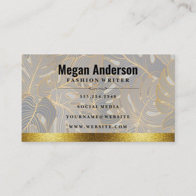 Monstera Leave Pattern | Gold Trim Business Card (Front)
