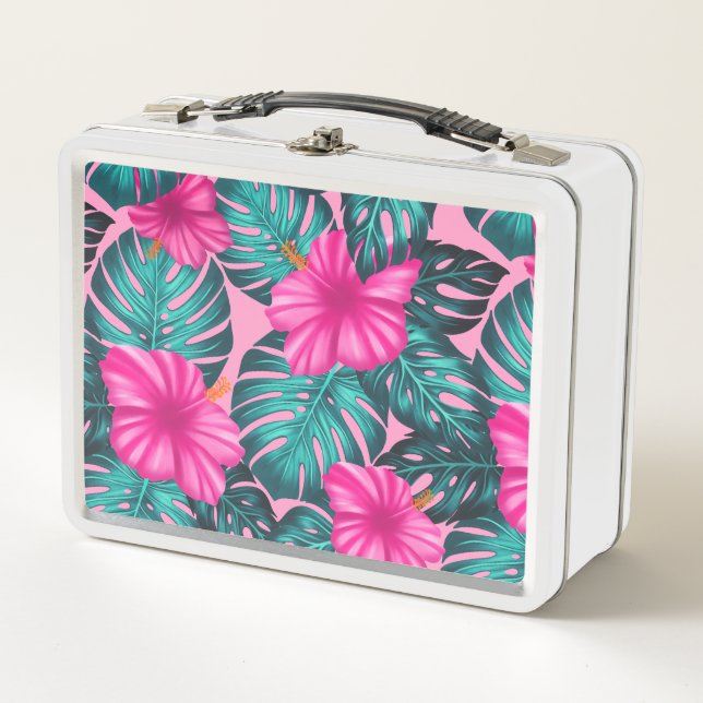 Monstera Leaves and Hibiscus, Teal and Pink  Metal Lunch Box (Front)