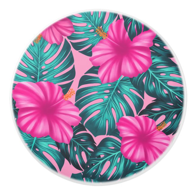 Monstera leaves and Hibiscus Teal and Pink on Pink Ceramic Knob (Front)
