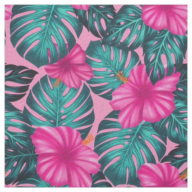 Monstera leaves and Hibiscus Teal and Pink on Pink Fabric (Swatch)