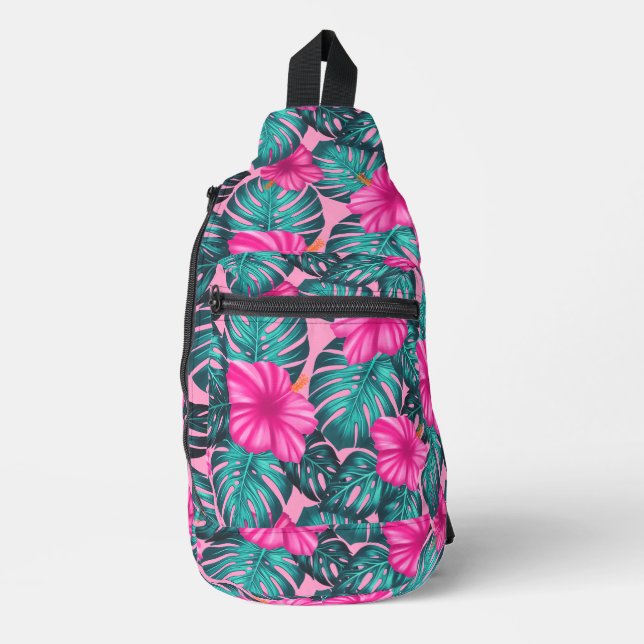 Monstera leaves and Hibiscus Teal and Pink on Pink Sling Bag (Front)