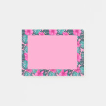 Monstera Leaves and Hibiscus, Teal and Pink