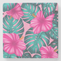 Monstera Leaves and Hibiscus, Teal and Pink
