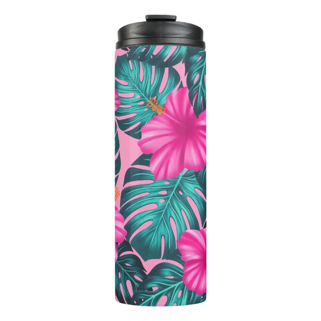Monstera Leaves and Hibiscus, Teal and Pink Thermal Tumbler (Front)