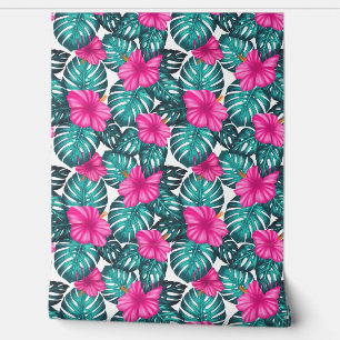 Monstera leaves and Hibiscus Teal and Pink Wallpaper