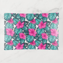 Monstera Leaves and Hibiscus, Teal Pink on White