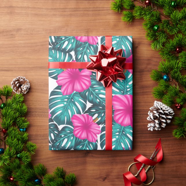 Monstera Leaves and Hibiscus, Teal Pink on White Wrapping Paper (Holiday Gift)