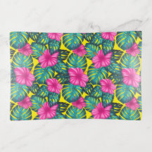 Monstera Leaves and Hibiscus, Teal Pink on Yellow