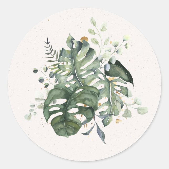 Monstera Leaves Arrangement Watercolor Classic Round Sticker (Front)