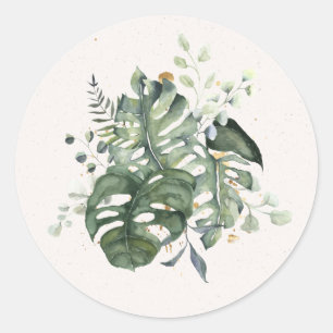 Monstera Leaves Arrangement Watercolor Classic Round Sticker