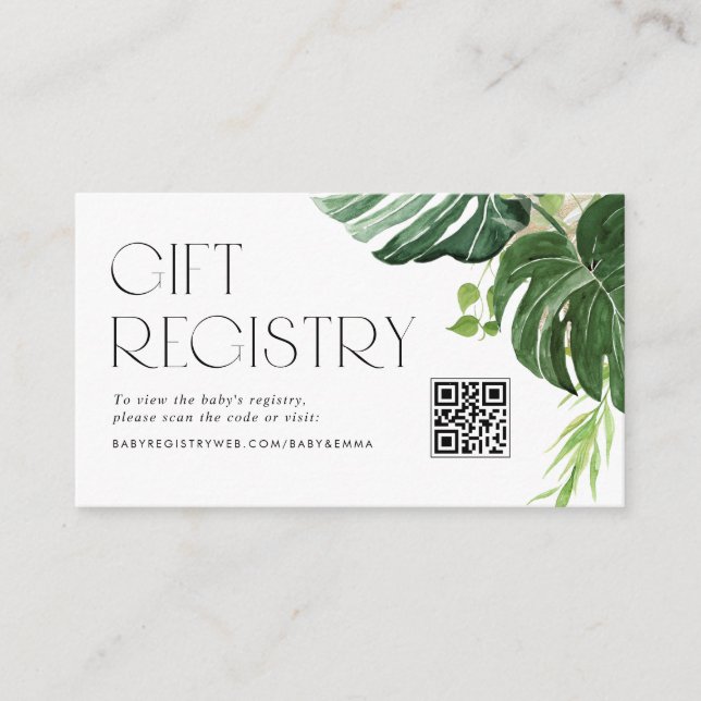 Monstera Leaves Baby Shower QR Code Registry Enclosure Card (Front)