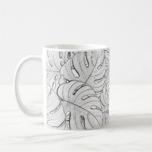Monstera Leaves Black White Pattern Coffee Mug