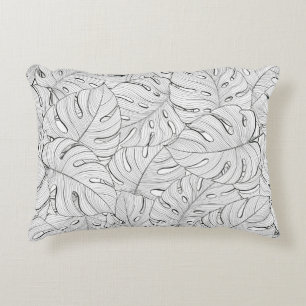 Monstera Leaves Black White Pattern Decorative Cushion