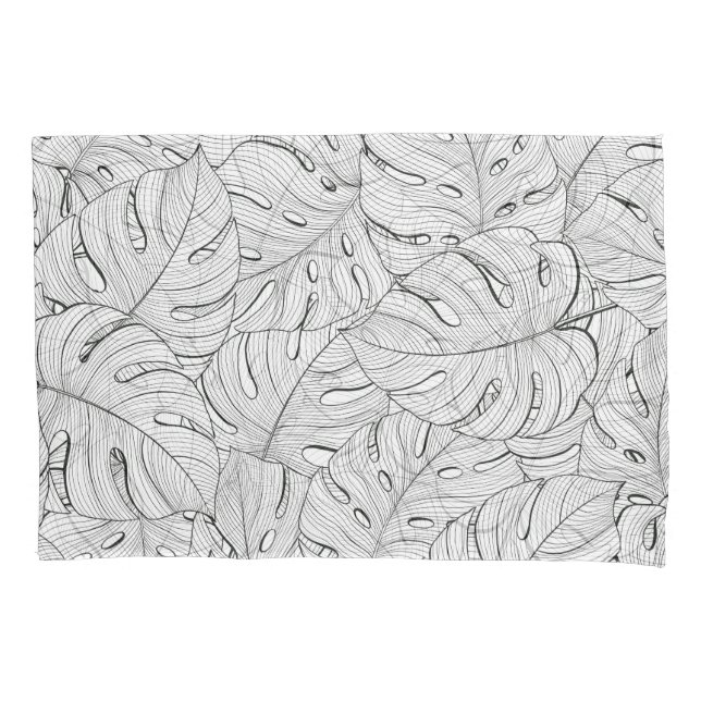 Monstera Leaves Black White Pattern Pillowcase (Front)
