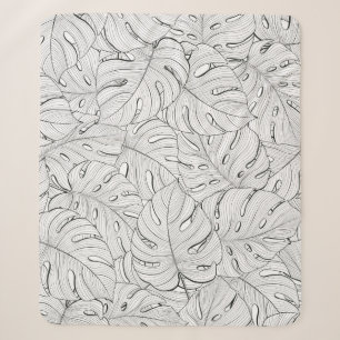 Monstera Leaves Black White Pattern Sherpa Blanket