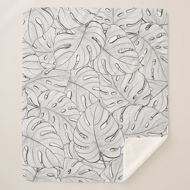 Monstera Leaves Black White Pattern Sherpa Blanket (Front)