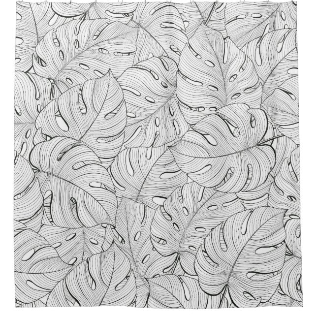 Monstera Leaves Black White Pattern Shower Curtain (Front)