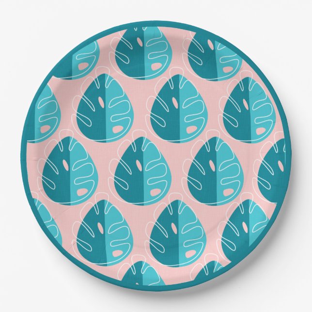 Monstera Leaves - Blue and Pink Paper Plate (Front)