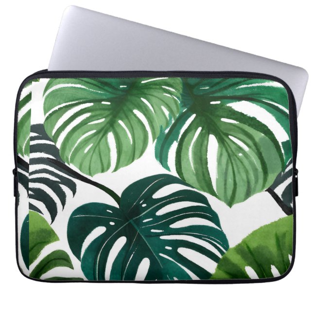 Monstera Leaves | Botanical Modern Green Laptop Sleeve (Front)