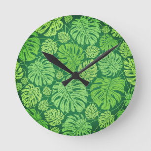 Monstera leaves floral pattern round clock