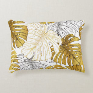 Monstera Leaves: Golden White Decorative Cushion