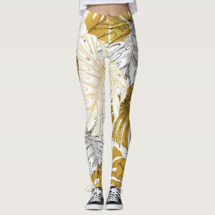 Monstera Leaves: Golden White Leggings
