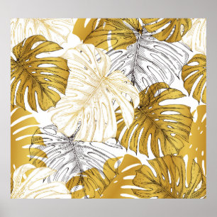 Monstera Leaves: Golden White Poster