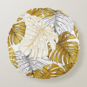 Monstera Leaves: Golden White Round Cushion