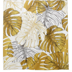 Monstera Leaves: Golden White Shower Curtain