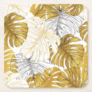Monstera Leaves: Golden White Square Paper Coaster
