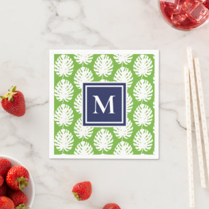 Monstera Leaves Green Navy Modern Monogram Coastal Napkin