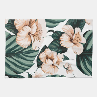 Monstera leaves hibiscus tea towel