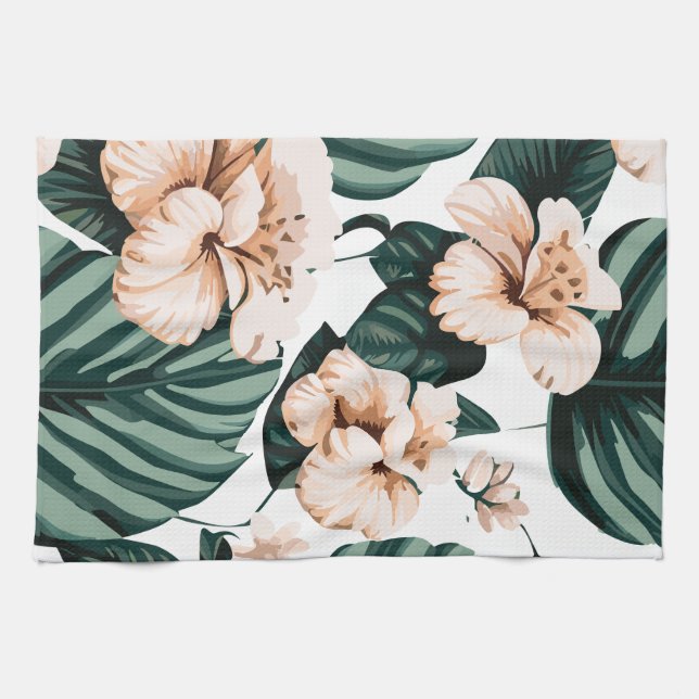 Monstera leaves hibiscus tea towel (Horizontal)