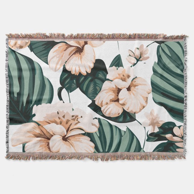 Monstera leaves hibiscus throw blanket (Front)
