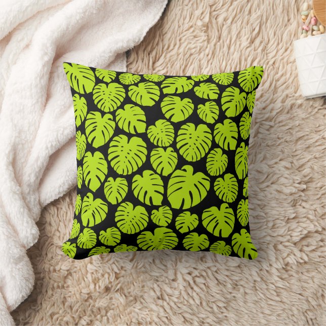 Monstera leaves in Lime Green and black Cushion (Blanket)