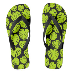 Monstera leaves in Lime Green and black Flip Flops