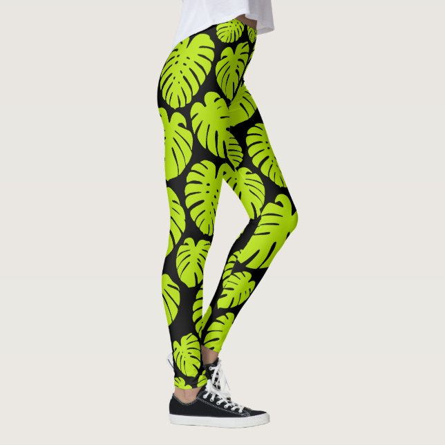 Monstera leaves in Lime Green and black Leggings (Right)
