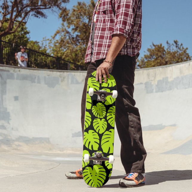 Monstera leaves in Lime Green and black Skateboard (Outdoor 2)